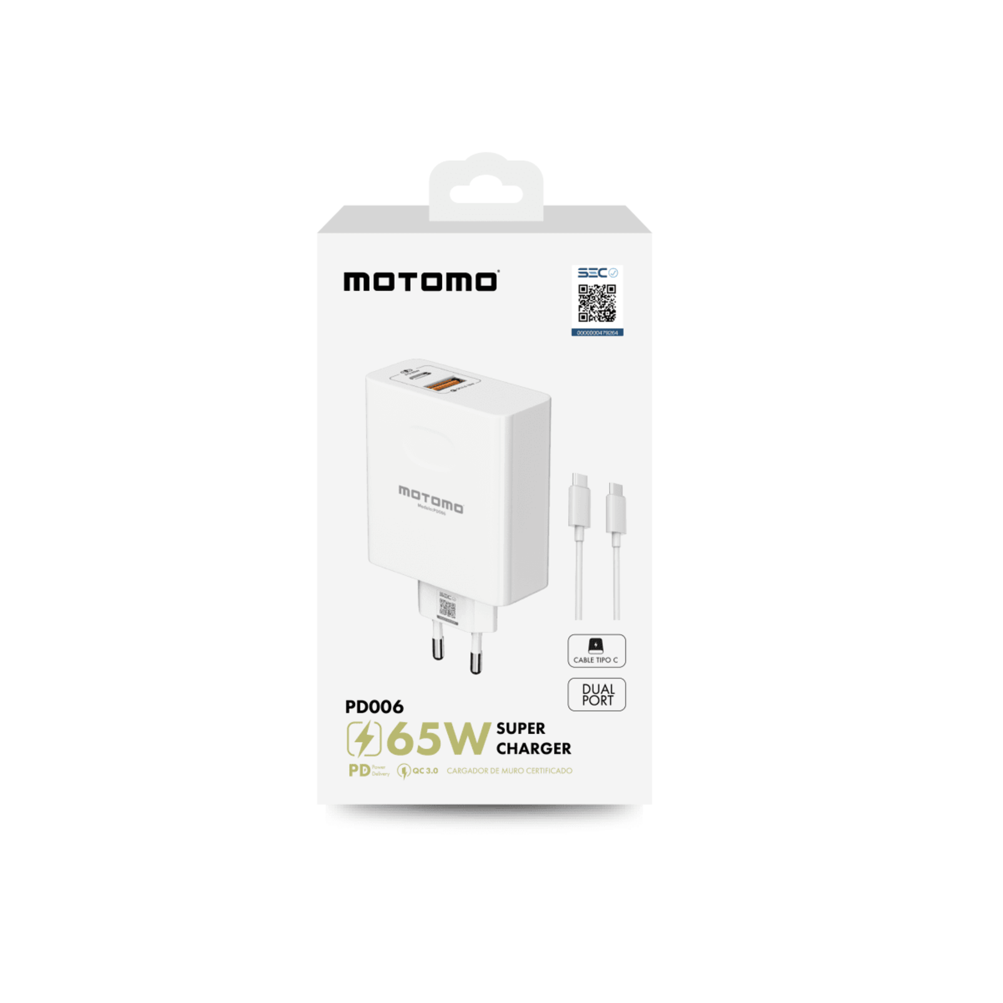 CARGADO PARED 2USB USB-C/USB-A 65W PD-65W/QC3.0 MOTOMO PD006