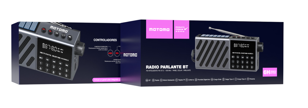 RADIO BLUETOOTH FM/AM/MP3 PANEL SOLAR 6H MOTOMO PAPOBT36