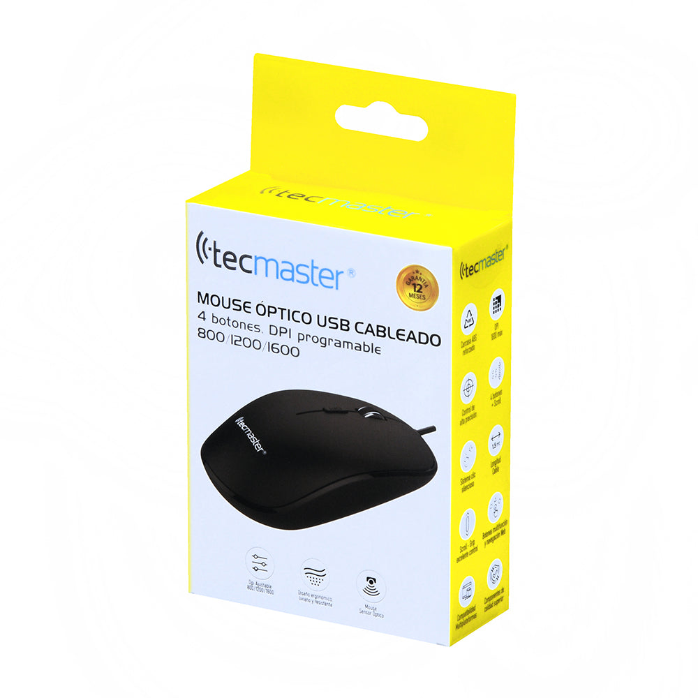 Mouse Óptico Usb Cableado 4btn 1600dpi Tecmaster Tm-100553
