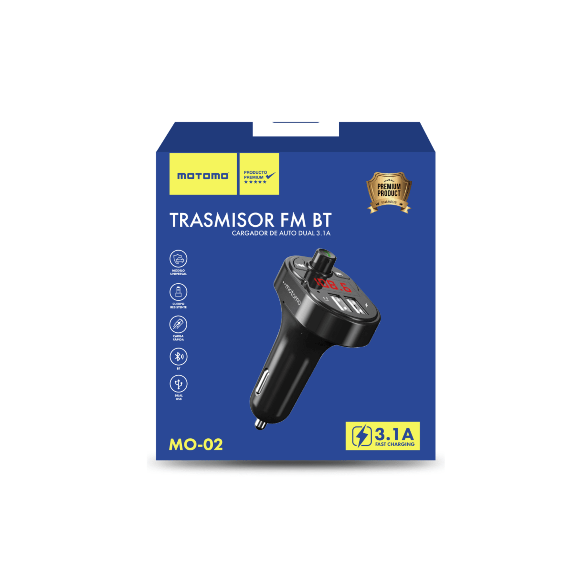 TRANSMISOR FM BT CARGADOR 2USB-A/3.1A/C.RAPIDA MOTOMO MO-02